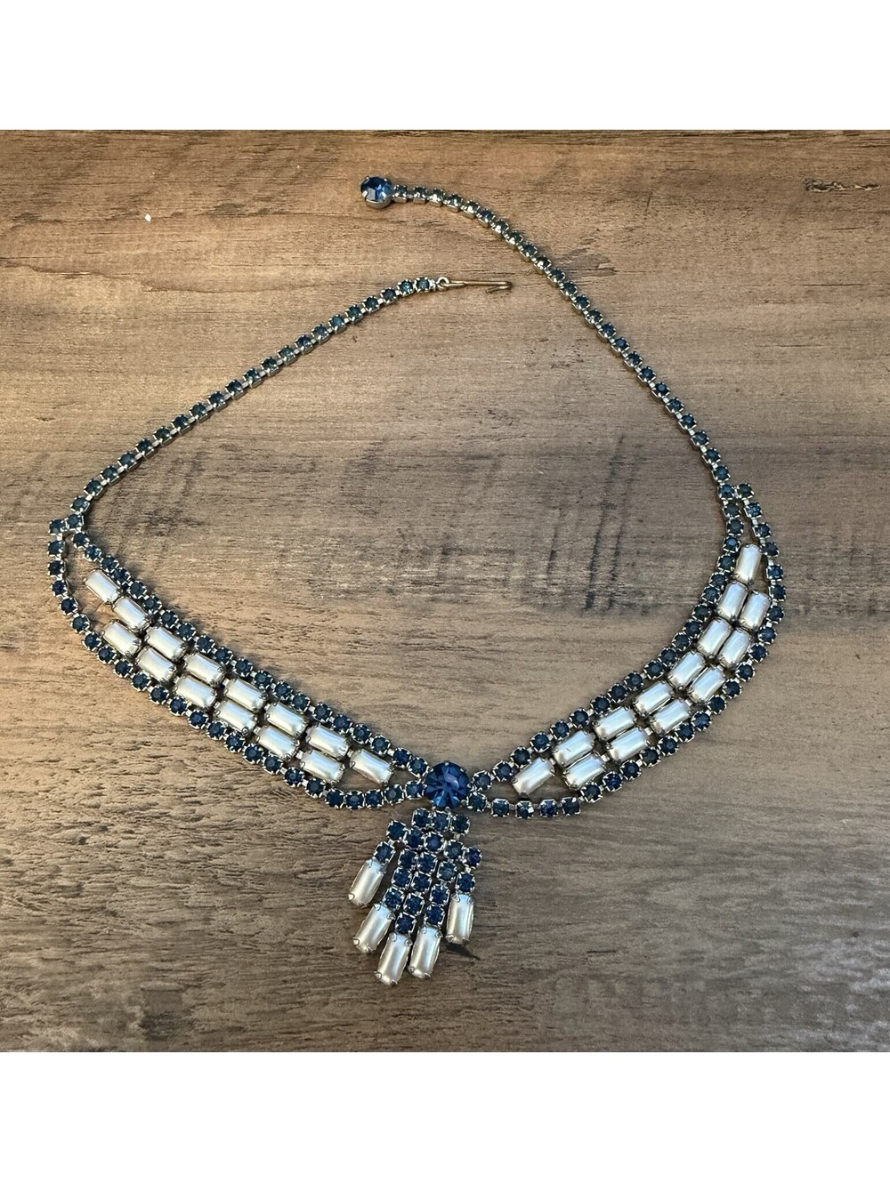 Weiss  Royal Blue Rhinestone Necklace Silver Choker Bridal Pearl 17” Long